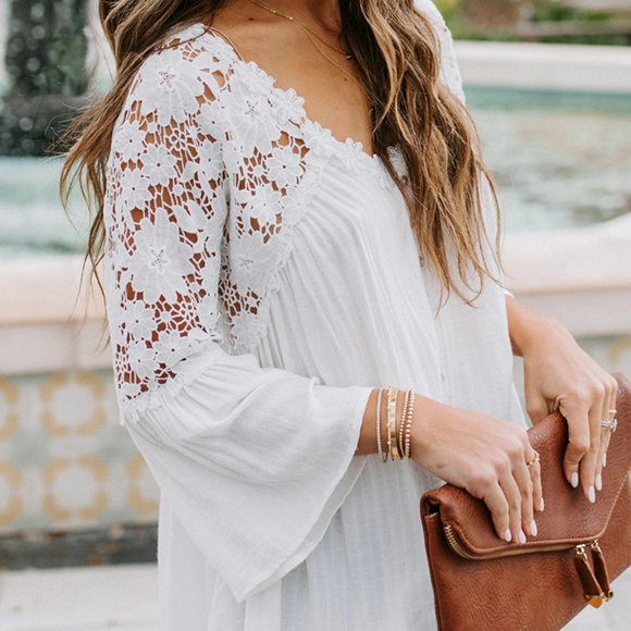 New Boho White Lace Flare Sleeve Button Front Blouse - Picture 7 of 12